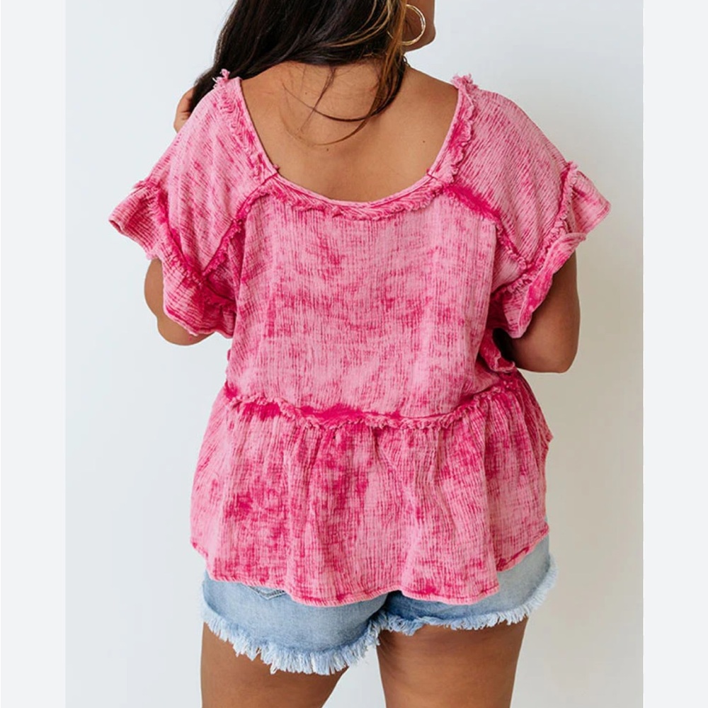 Bibi | Mineral Wash Gauze Ruffle Blouse Deep Square Neck Hot Pink Raw Frayed - Picture 9 of 14